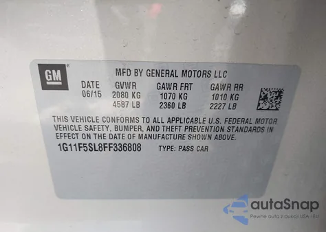 2015 Chevrolet Malibu 1Lz z USA, uszkodzony, nr VIN 1G11F5SL8FF336808